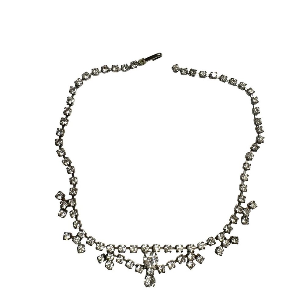 Vintage Clear Rhinestone Necklace 15" Silver Tone